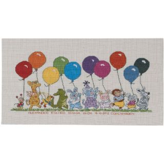 Borduurpakket Optocht van dieren met ballonnen Happy Friends - Permin