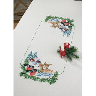 Tafelkleed Kerst Hertjes en vogeltjes borduurpakket - Permin